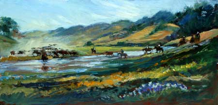 2nd River Crossing - taking the cattle across the river with the colorful mountains, horse riders, and cattle in the landscape. 