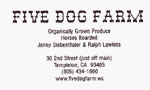 This image is the back side of the five dog farm business card.