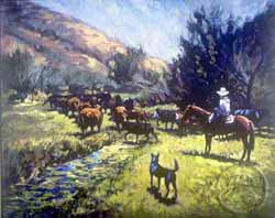 This image is of a mountain stream as it wanders through the grassy valley as red and black cattle are drifting through and a horse riders and his dog watch over them. 
