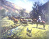 A cattle scene with the cowboys and the help of a short haired tailed dog, as directing the cattle though a canyon with a stream running along it. The grass is yellow in shad and the hills are a early spring or summer color.