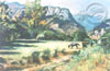 A meadow land on the arroyo hondo area with a mule and a few horses grasing with trees and mountains in the background