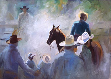 At the branding with the horseback ropers and the many hands and dust and smoke of the irons, in greys, blues, greens, and reds. 