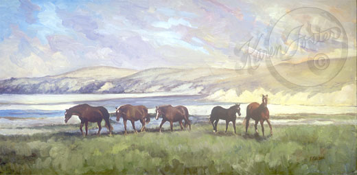 This painting of these five mares are walking a razing in a meadow marsh along the shore of the ocean on a island.