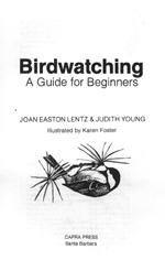 This image is a ink drawing that Karen drew of a small bird with the title of the book, Birdwatching.