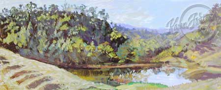 Carvers Pond is a painting of a pond with light yellow bushes and mountains in the background.