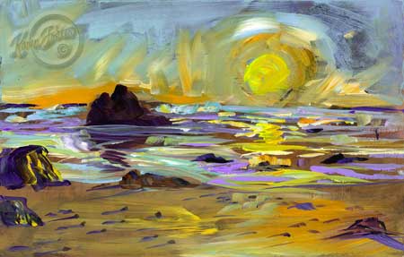 A striking yellows and gold and blues of the sunset that can be seen on the shore side in Cayucos California.