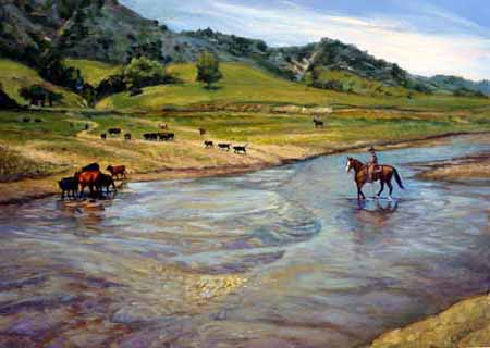 This image, called Crossing the Huasna, is of a red horse with rider, crossing a large creek to herd some cattle in the mountains at springtime.
