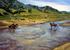 This image, called Crossing the Huasna, is of a red horse with rider, crossing a large creek to herd some cattle in the mountains at springtime.