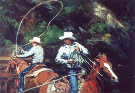 Two men on horseback in a roping pen, one man has a large rope in a large loop getting ready to throw it to catch a steer, called Dally.