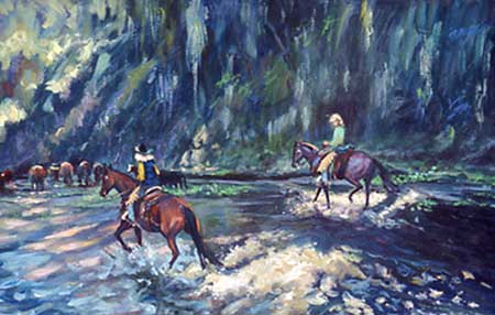 Dappled Waters shows two horse riders riding thru a river as they follow a herd of cattle, with the blues, greens and golds of the water to the blues and greens of the mountains in the background, and the reds of the horses and cattle. 