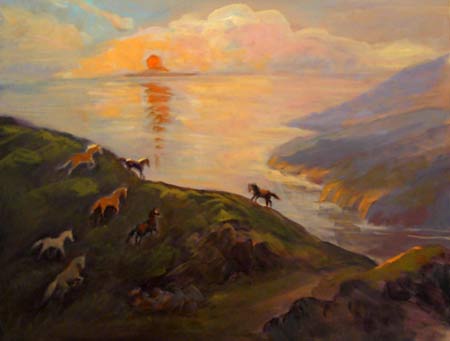The horses are racing to the top of the mountain to see the sun rising over the ocean at dawn. 