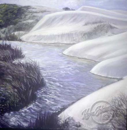 The dreamy dunes, a soft grey pillowy look with the high tide softy bupping them as the ocean bay reeds watch. 