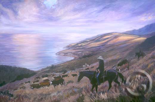 Gathering cattle at daybreak with the purple and blues coloring the sky, ocean and the ground. The cattle are working their way down the mountain side which is covered with yellows and green long grass and cow persons are riding down the hill behind them. They are all riding toward the ocean at the bottom of the hills. 