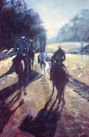 This Early morning ride with the long sunrise shadows running off of the horses with golds, reds and blues, as the riders move out. 