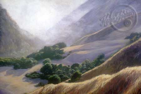 Mill Creek along Hwy 1, by Big Sur California, is a mountain side with trees and brush, and in this painting the foggy mist is covering it all. 