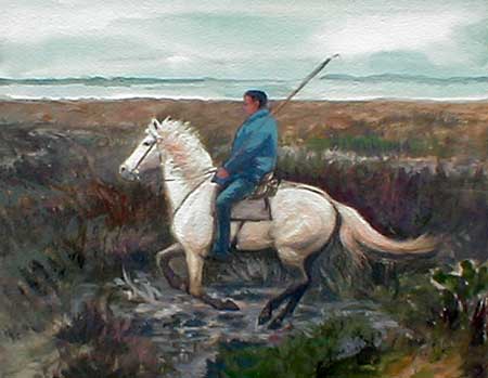 This image is of a rider, riding a white horse, the rider is wearing a blue jacket and is galloping through the marsh.