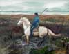 This image is a rider galloping in the marsh on a white horse.