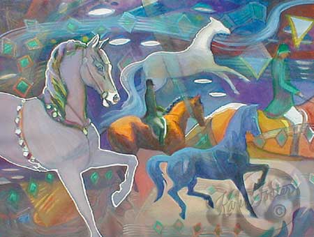 This painting is a fantasy of different types of horses, from dancing horses to carousel horses to horse show regalia in a total Horse Harmony.