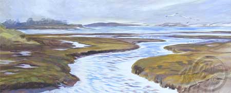 High Tide at the far end of Morro Bay were the water flows in fingered inlets and the plant and animal life use the water to live on. Sea Gulls are flying and the sand dunes are seen in the distance. The marsh land is a yellow green and the water is a wintery blue grey.