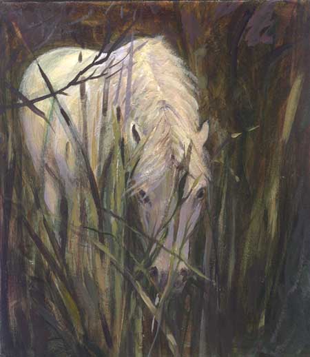 This image is of the front view of a white horse as it grazes in the grass.