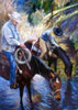 Two western horse riders watering their horses in a blue reflective creek in the mountains.