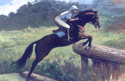 A horse and rider jumping a jump that is on a cross country course.