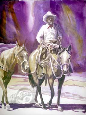 Against a purple and red background, this coyboy on horseback is leading his pack horse and they all look like they have gone many a mile.