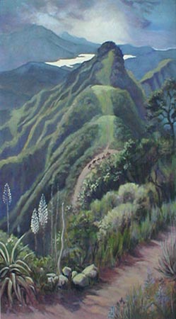 The Mountain Pass, with the blues and greens of the mountain forest and the horse riders  way down below the viewer on the little dirt trail.