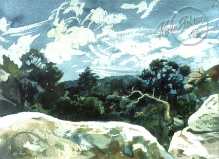 This painting is of the mountain air, jet streams as the play above these rocky mountains and trees.