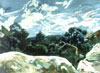 This painting is of the air streams that are soring above this rocky mountain hillside. 