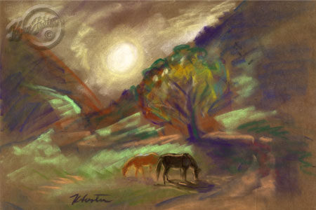My horses in the moonlight, grazing as the moonlight shines on the hillside and the horses backs.