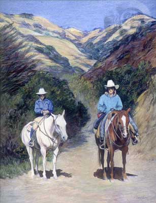 On the way home, is a painting of two people riding their horses along a mountain trail. One horse is white the other is red. The sun is high in the sky and they are enjoying their day.