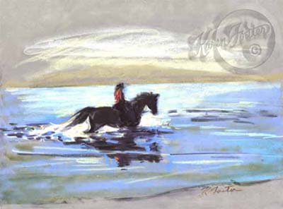 Penny's mare loves to go into the ocean on a calm day when the water is so blue and the sky is so grey.