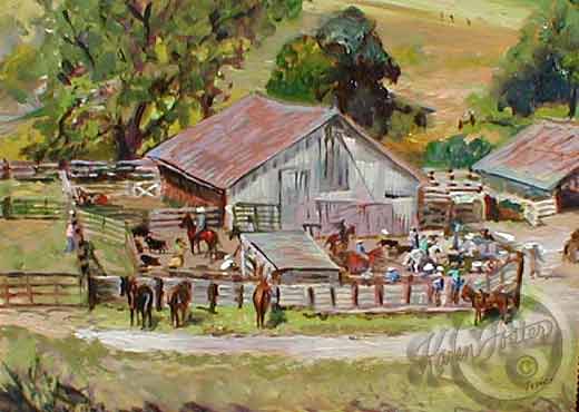 A view of the working pen in front of a barn, while a branding is taking place on the Porter Ranch.