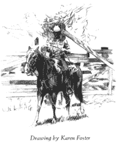 This image is of a drawing of a man on a horse and he is getting ready to rope in a area.