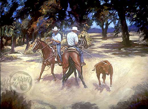 These two cow boys on horse back are trying to rope a calf in this open field to doctor him and they are trying to not get tangled in their own ropes. The are riding red horses, one of which has black main and tail, the calf is red and there are a number of oak trees in the background.