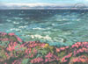 The oceaned framed at the bottom of the painting with pink vibrant flowers.
