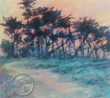 This is a scene of a group of trees and the sky and the weather of pinks yellows and greens give this painting a very spiritual look.