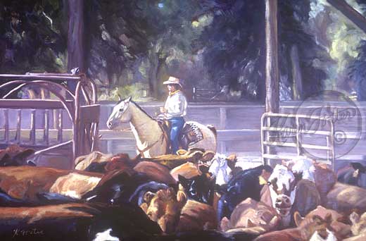 Cattle gathered in a corral with a cowperson on a yellow grey horse are waiting for the orders to start the branding . The cattle are various shades of red and black and yellow.