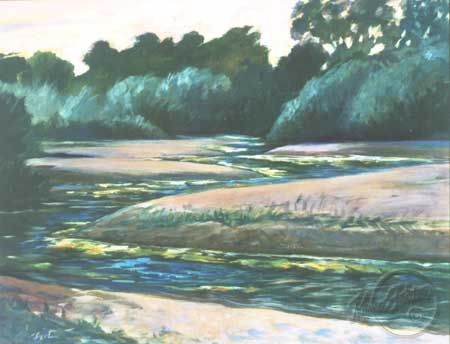 A summer river as it meanders through a meadow with green brush and trees surrounding it.