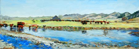 This oil painting, called Third river crossing, with the cattle getting closer to the barn and the cowboys trailing them. 