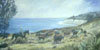 This cowboy is pushing a herd of cattle on the upper side of a hilly bank which has the sea shore below.