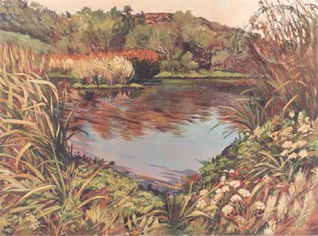 This painting of the wetlands in the autumn with a pond and the reeds and willow and all the plant life turning golden. 