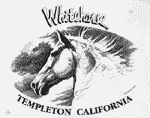 A black and white drawing of a Whitehorse logo for the White Horse tack store in Templeton California.